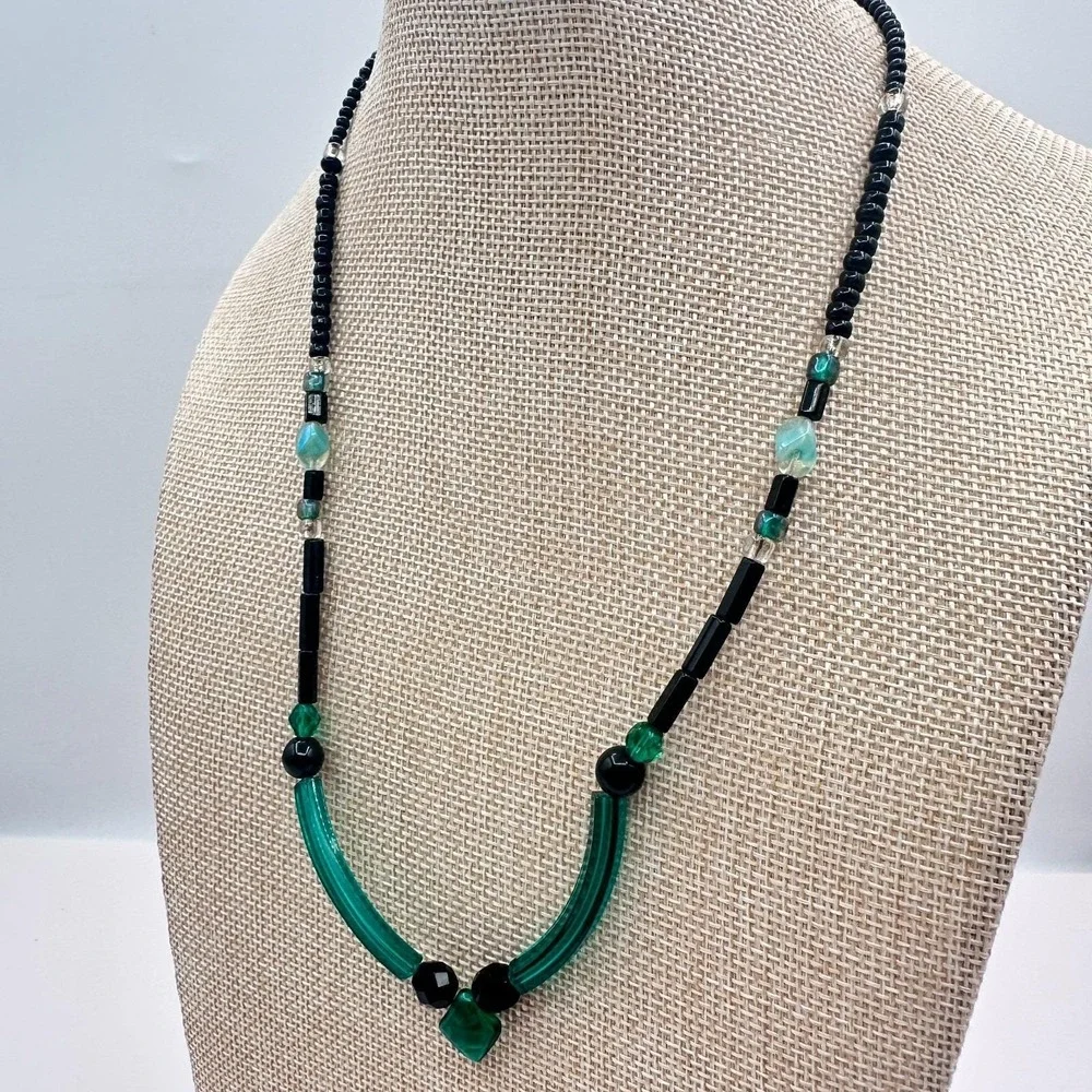 Vintage 80s Glass Bead‎ Necklace Deco Style Geometric Statement Fashion Jewelry